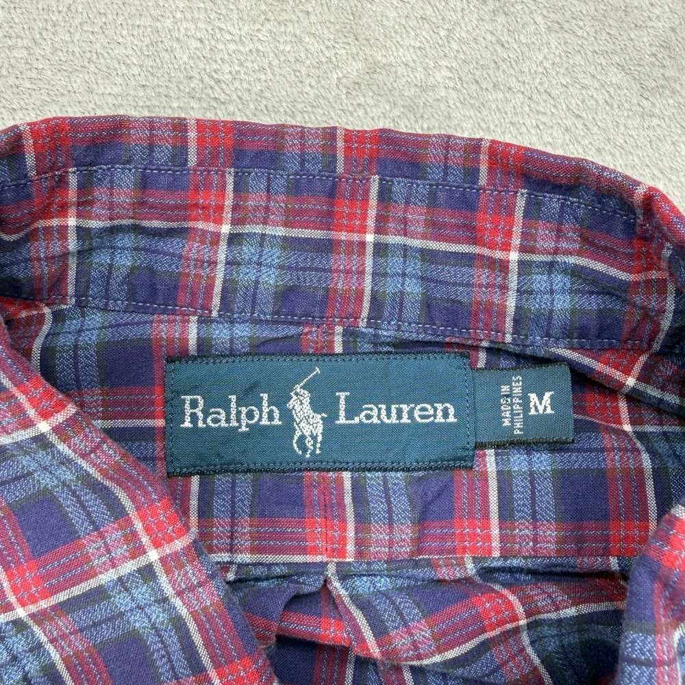 VTG Ralph Lauren Button Down Shirt Mens Medium Red Blue Plaid Long Sleeve Pony - Picture 4 of 8